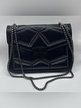 Black Vegan Leather Quilted Studded Crossbody Bag with Chain Strap Foldover Flap